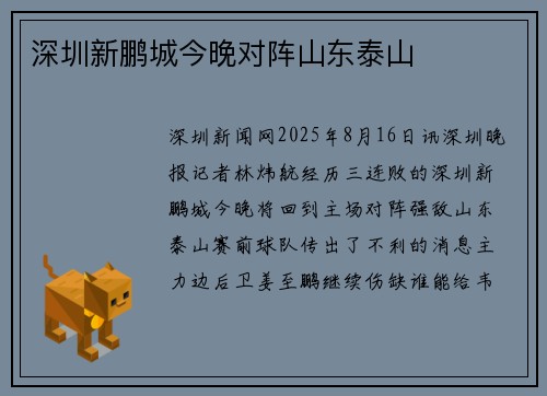 深圳新鹏城今晚对阵山东泰山